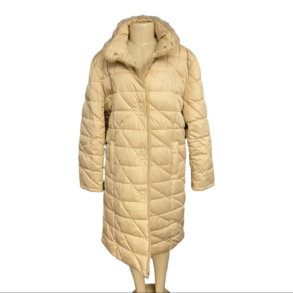 Utex Design Beige Tan Down Puffer Packable Jacket Fur Trim Long Trench Coat XL - Picture 1 of 10